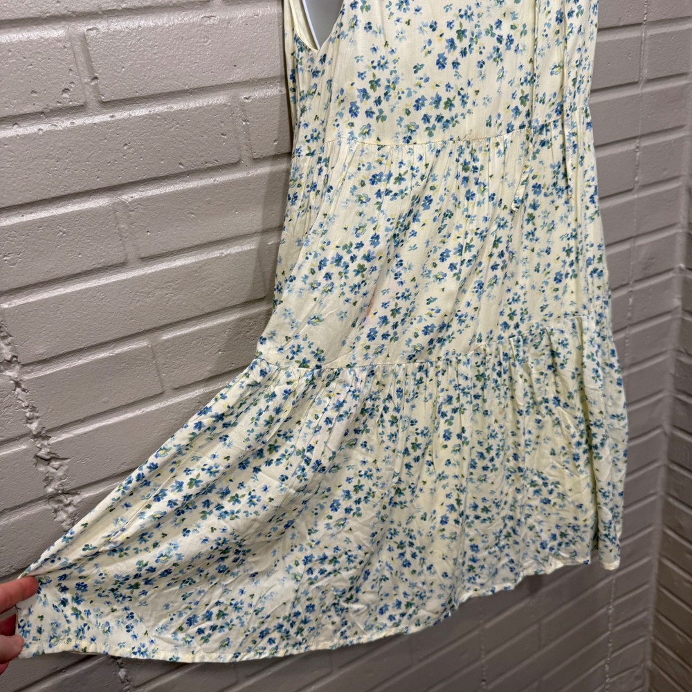 AQUA Yellow Blue Floral Tiered Mini Dress Ruffle Tie Neck Sleeveless Small Flaw - Picture 7 of 14